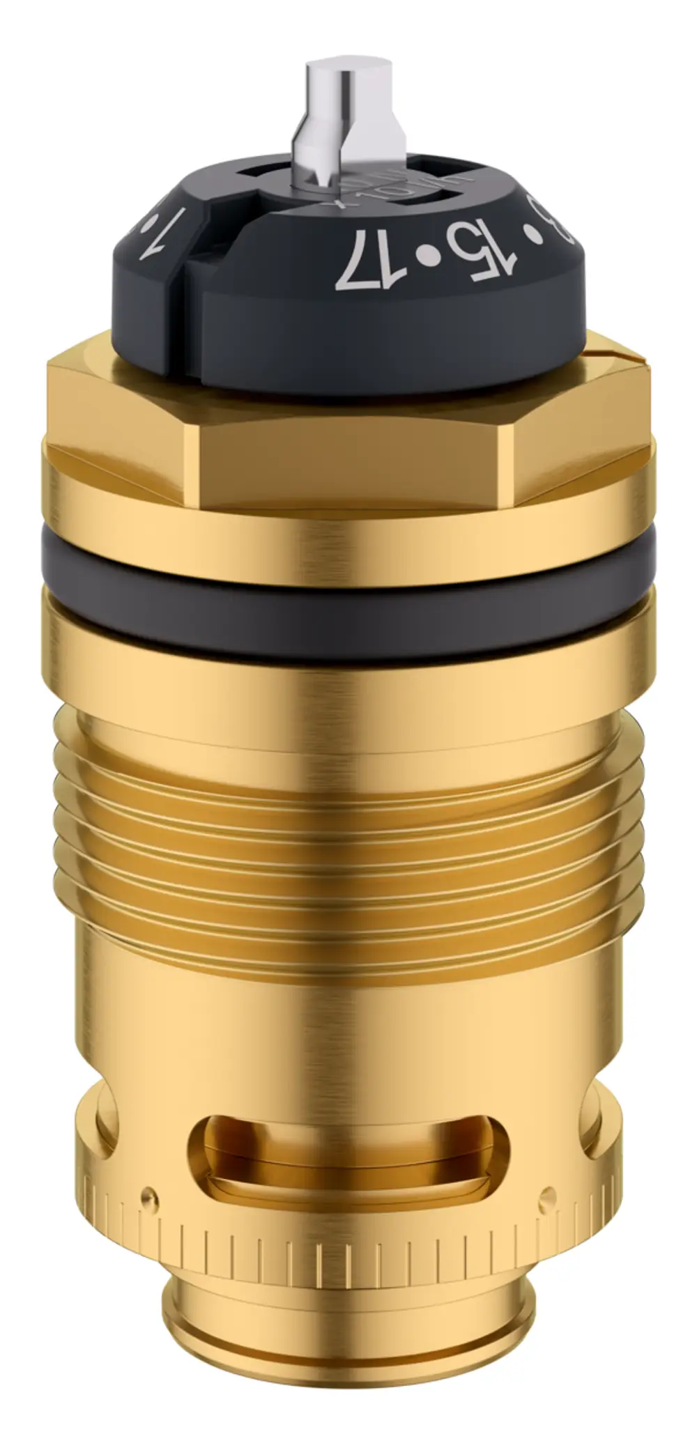Oventrop Ventileinsatz für Thermostatventile in Gold und Schwarz, mit einstellbarem Kopf und mehreren Rillen im Unterteil zur Regulierung des Durchflusses.
